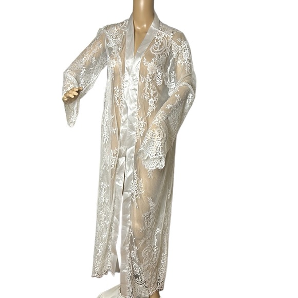 White Lace sheer maxi open front satin lingerie,boudoir,honeymoon,coquette,sexy - Picture 1 of 10